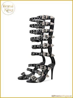 Knee High Gladiator Sandals Studded Strappy Stiletto Heels Back Zip Women